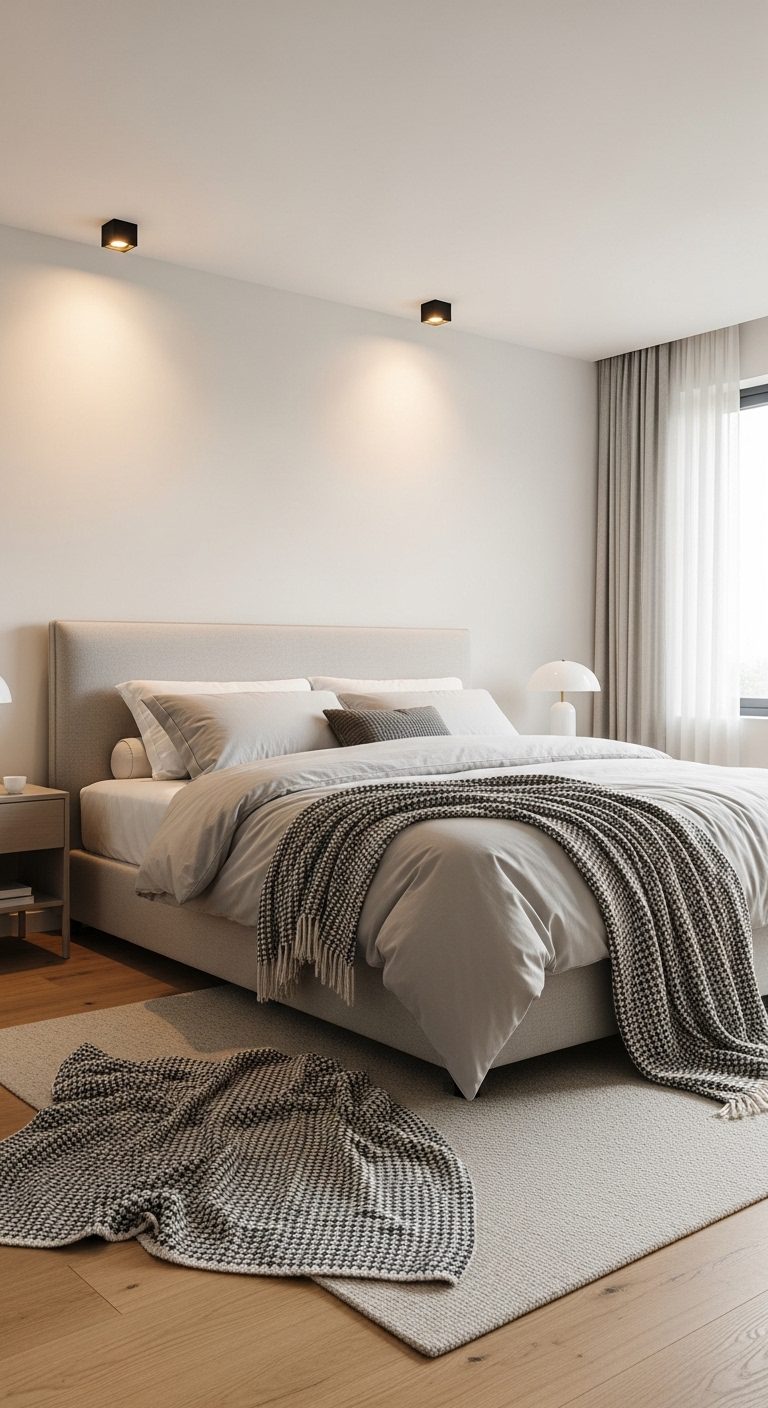 Serene Modern Bedroom with Soft Ceiling Lighting & Neutral Decor